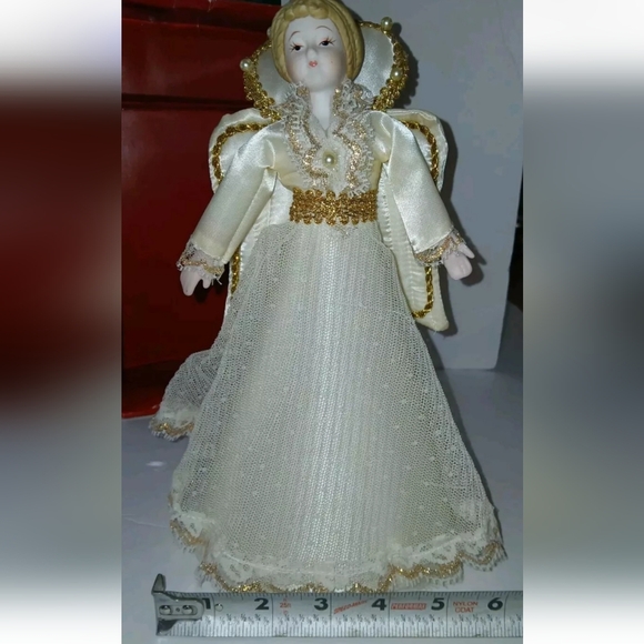 Vintage Sears Angel Tree Topper Christmas  Porcelain Head Hands Gold Trim Box - Picture 10 of 15